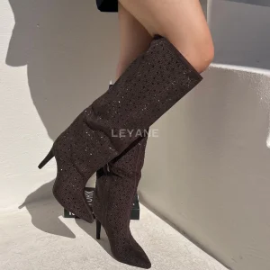 Bottes à talons à strass - Marron