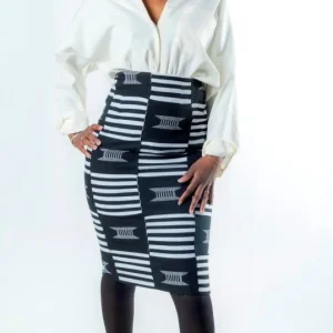 Jupe crayon Kente Ashanti noir & blanc – Authentique pagne tissé main