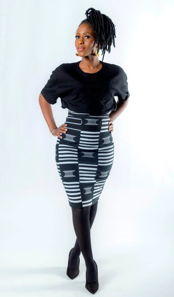 Jupe crayon Kente Ashanti noir & blanc – Authentique pagne tissé main